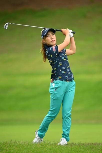 Ayako Kimura of Japan hits her second shot on the 8th hole during the final round of the Ai Miyazato Suntory Ladies Open at Rokko Kokusai Golf Club...