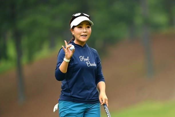 Serena Aoki of Japan celebrates after the birdie on the 8th green during the final round of the Ai Miyazato Suntory Ladies Open at Rokko Kokusai Golf...