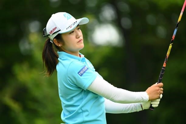 Mone Inami of Japan hits her tee shot on the 9th hole during the final round of the Ai Miyazato Suntory Ladies Open at Rokko Kokusai Golf Club on...