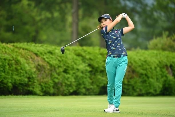 Ayako Kimura of Japan hits her tee shot on the 13th hole during the final round of the Ai Miyazato Suntory Ladies Open at Rokko Kokusai Golf Club on...