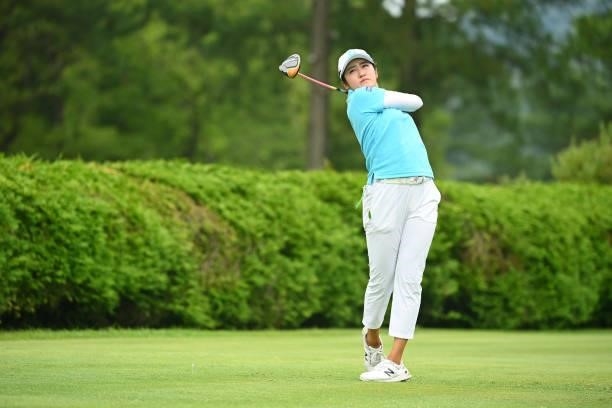 Mone Inami of Japan hits her tee shot on the 13th hole during the final round of the Ai Miyazato Suntory Ladies Open at Rokko Kokusai Golf Club on...