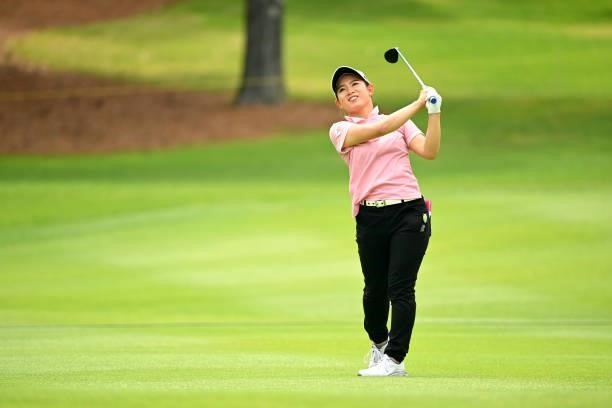 Hikaru Yoshimoto of Japan hits her second shot on the 18th hole during the final round of the Ai Miyazato Suntory Ladies Open at Rokko Kokusai Golf...