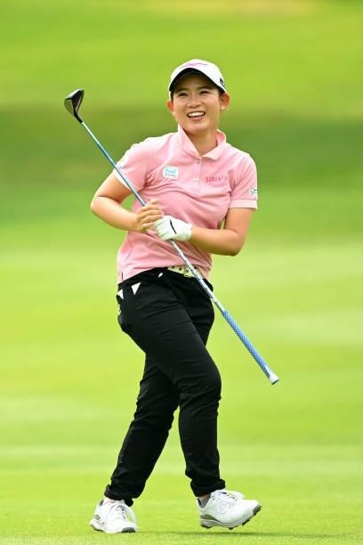 Hikaru Yoshimoto of Japan reacts after her second shot on the 18th hole during the final round of the Ai Miyazato Suntory Ladies Open at Rokko...