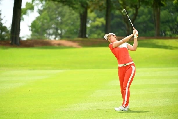 Ayaka Watanabe of Japan hits her second shot on the 18th hole during the final round of the Ai Miyazato Suntory Ladies Open at Rokko Kokusai Golf...