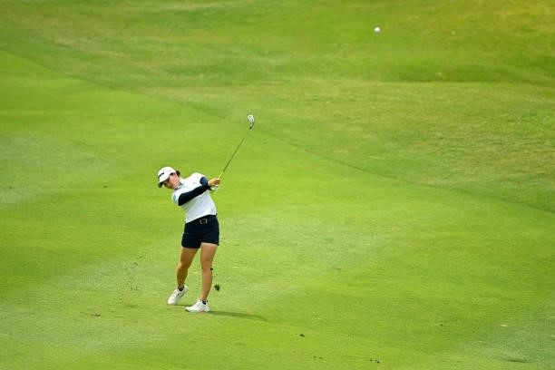 Sakura Koiwai of Japan hits her second shot on the 18th hole during the final round of the Ai Miyazato Suntory Ladies Open at Rokko Kokusai Golf Club...
