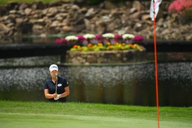 Min-young Lee of South Korea is seen before her approach on the 18th hole during the final round of the Ai Miyazato Suntory Ladies Open at Rokko...
