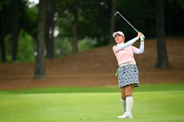 Yuri Yoshida of Japan hits her second shot on the 18th hole during the final round of the Ai Miyazato Suntory Ladies Open at Rokko Kokusai Golf Club...