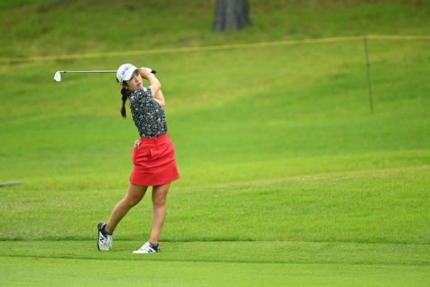 Nanoko Hayashi of Japan hits her second shot on the 15th hole during the final round of the Ai Miyazato Suntory Ladies Open at Rokko Kokusai Golf...