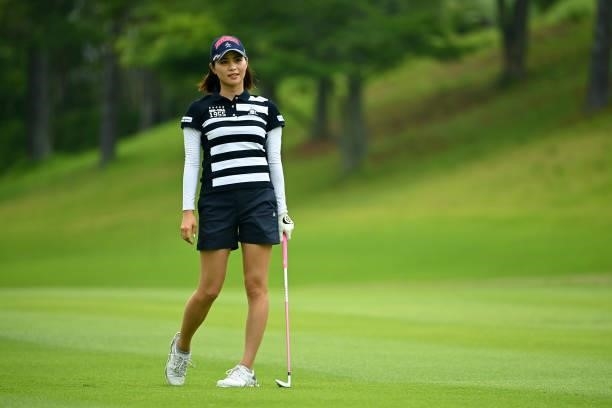Hina Arakaki of Japan reacts after her second shot on the 15th hole during the final round of the Ai Miyazato Suntory Ladies Open at Rokko Kokusai...