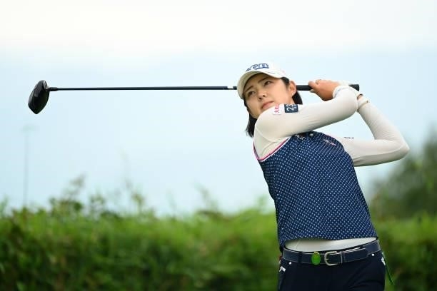 Rie Tsuji of Japan hits her tee shot on the 14th hole during the final round of the Ai Miyazato Suntory Ladies Open at Rokko Kokusai Golf Club on...