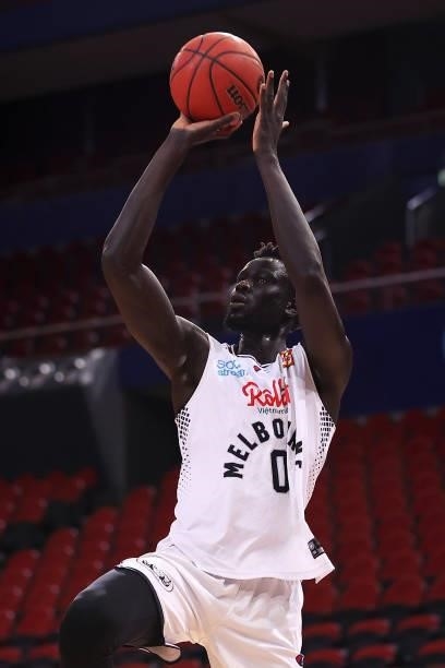 Jo Lual-Acuil of Melbourne United shoots during game two of the NBL Semi-Final Series between the South East Melbourne Phoenix and Melbourne United...