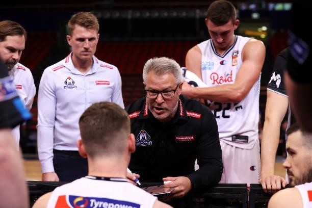 United coach Dean Vickerman speaks to his team during game two of the NBL Semi-Final Series between the South East Melbourne Phoenix and Melbourne...