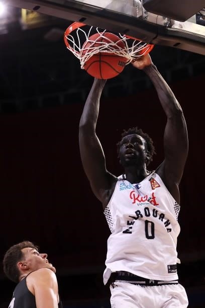 Jo Lual-Acuil of Melbourne United dunks during game two of the NBL Semi-Final Series between the South East Melbourne Phoenix and Melbourne United at...