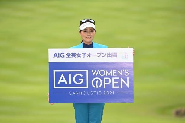 Winner Serena Aoki of Japan poses as she qualified for the British Women's Open at the award ceremony following the final round of the Ai Miyazato...