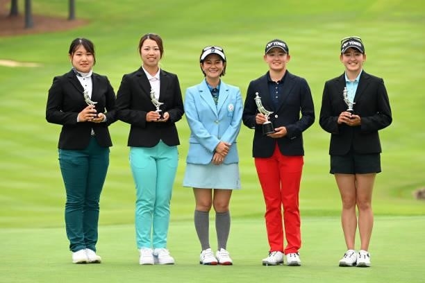 Tournament ambassador Ai Miyazato poses with amateurs Shiori Watanabe , Nanako Ueno , Akie Iwai and Chisato Iwai during the final round of the Ai...