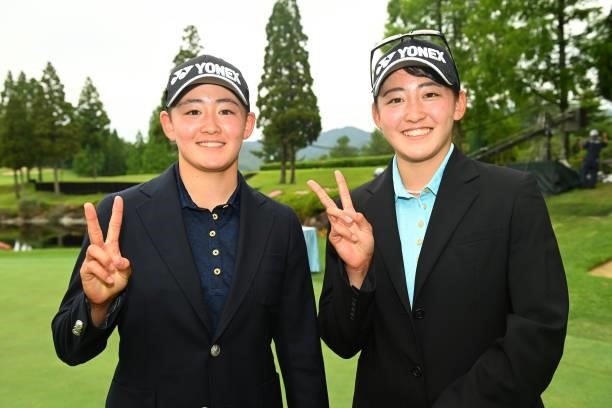 Amateurs Akie Iwai and Chisato Iwai of Japan pose following the final round of the Ai Miyazato Suntory Ladies Open at Rokko Kokusai Golf Club on June...