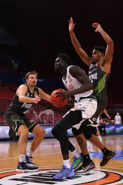 Jo Lual-Acuil of United rebounds during game two of the NBL Semi-Final Series between the South East Melbourne Phoenix and Melbourne United at Qudos...