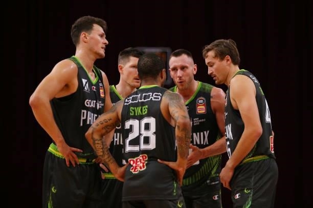 Mitch Creek of the Phoenix talks to his team mates during game two of the NBL Semi-Final Series between the South East Melbourne Phoenix and...