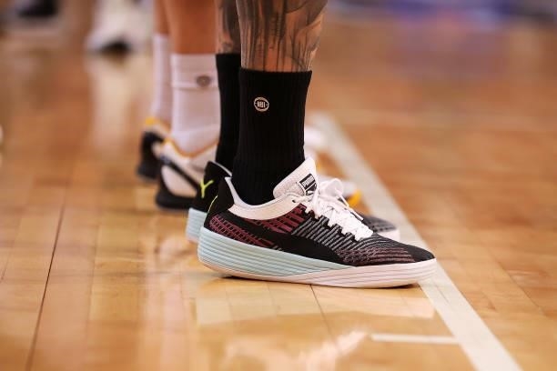 The shoes worn by Mitch Creek of the Phoenix are seen during game two of the NBL Semi-Final Series between the South East Melbourne Phoenix and...