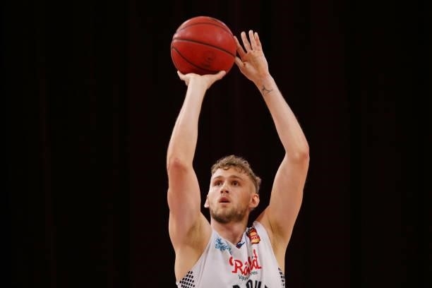 Jock Landale of United shoots from the free throw line during game two of the NBL Semi-Final Series between the South East Melbourne Phoenix and...