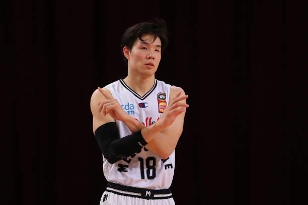 Yudai Baba of United gestures during game two of the NBL Semi-Final Series between the South East Melbourne Phoenix and Melbourne United at Qudos...