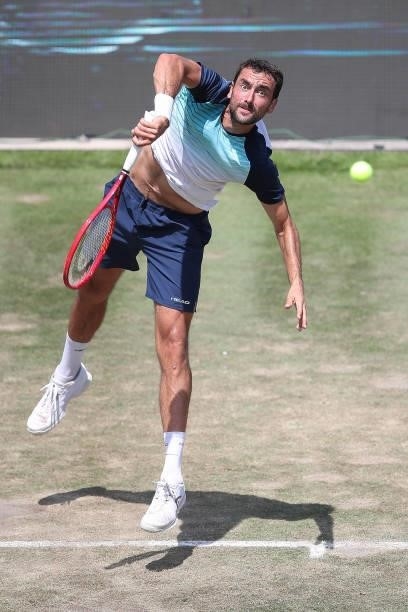 Marin Cilic of Croatia makes a service during his half-final match against Jurij Rodionov of Austria during day 6 of the MercedesCup at Tennisclub...