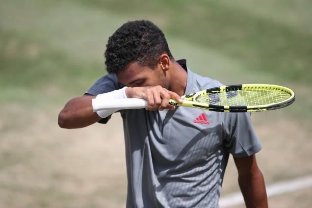 Felix Auger-Aliassime of Canada reacts during his half-final match against Jurij Rodionov of Austria during day 6 of the MercedesCup at Tennisclub...