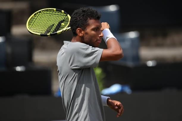 Felix Auger-Aliassime of Canada reacts during his semi-final match against Sam Querrey of United States of America during day 6 of the MercedesCup at...