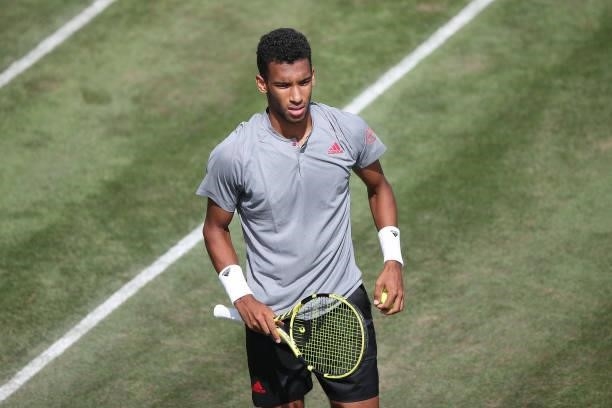 Felix Auger-Aliassime of Canada looks on during his half-final match against Sam Querrey of United States of America during day 6 of the MercedesCup...