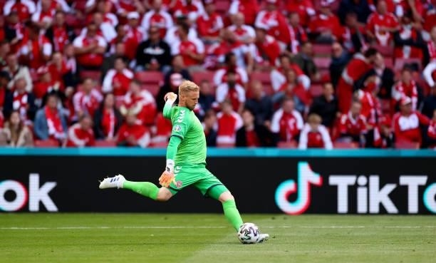 Kasper Schmeichel, goalkeeper of Denmark controls the ball during the UEFA Euro 2020 Championship Group B match between Denmark and Finland on June...