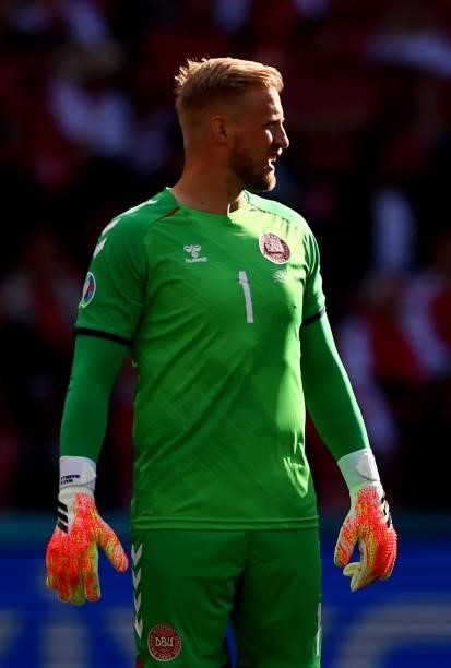 Kasper Schmeichel, goalkeeper of Denmark looks on during the UEFA Euro 2020 Championship Group B match between Denmark and Finland on June 12, 2021...