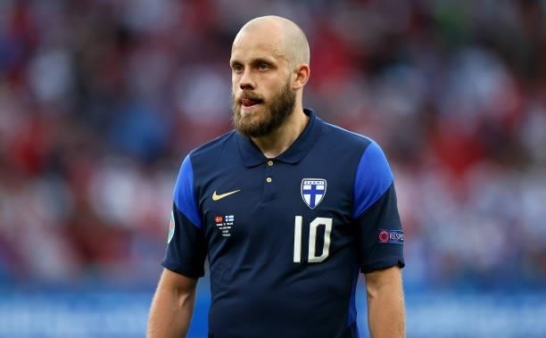 Teemu Pukki of Finland looks on during the UEFA Euro 2020 Championship Group B match between Denmark and Finland on June 12, 2021 in Copenhagen,...