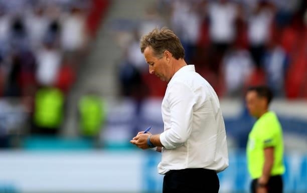 Kasper Hjulmand, head coach of Denmark reacts during the UEFA Euro 2020 Championship Group B match between Denmark and Finland on June 12, 2021 in...