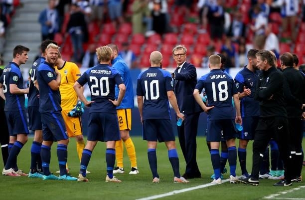 Markku Kanerva, head coach of Finland gives instructions during the UEFA Euro 2020 Championship Group B match between Denmark and Finland on June 12,...