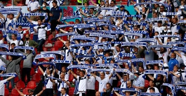 Fans of Finland cheer during the UEFA Euro 2020 Championship Group B match between Denmark and Finland on June 12, 2021 in Copenhagen, Denmark.
