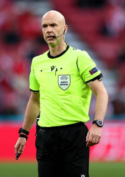 Referee Anthony Taylor look on during the UEFA Euro 2020 Championship Group B match between Denmark and Finland on June 12, 2021 in Copenhagen,...