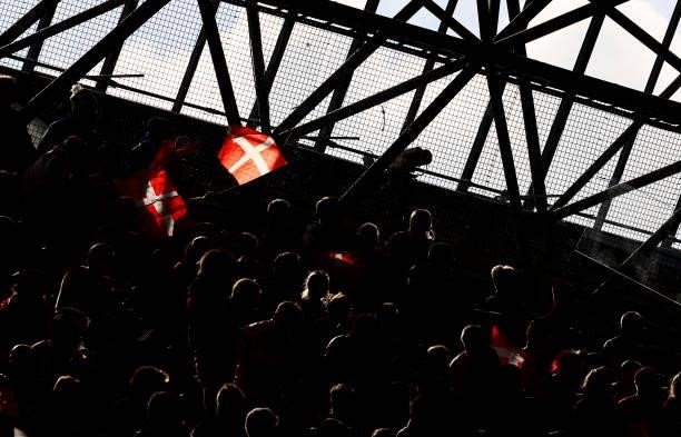 Fans of Denmark cheer during the UEFA Euro 2020 Championship Group B match between Denmark and Finland on June 12, 2021 in Copenhagen, Denmark.