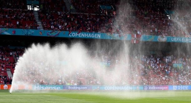 Pitch watering ahead of the UEFA Euro 2020 Championship Group B match between Denmark and Finland on June 12, 2021 in Copenhagen, Denmark.