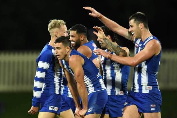 Luke Davies-Uniacke of the Kangaroos celebrates a goal during the round 13 AFL match between the North Melbourne Kangaroos and the Greater Western...