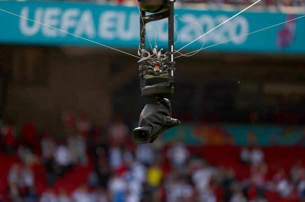 Cable tv camera is pictured during the UEFA Euro 2020 Championship Group B match between Denmark and Finland on June 12, 2021 in Copenhagen, Denmark.