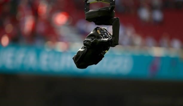 Cable tv camera is pictured during the UEFA Euro 2020 Championship Group B match between Denmark and Finland on June 12, 2021 in Copenhagen, Denmark.