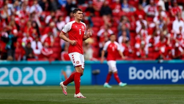 Andreas Christensen of Denmark looks on during the UEFA Euro 2020 Championship Group B match between Denmark and Finland on June 12, 2021 in...