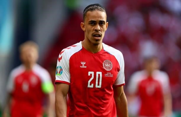Yussuf Poulsen of Denmark reacts during the UEFA Euro 2020 Championship Group B match between Denmark and Finland on June 12, 2021 in Copenhagen,...