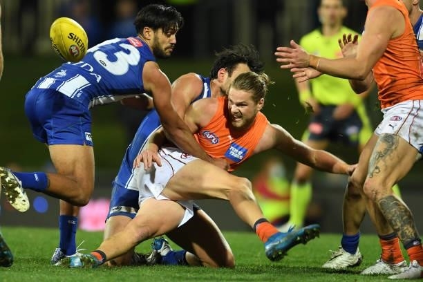 Harry Himmelberg of the Giants kicks the ball during the round 13 AFL match between the North Melbourne Kangaroos and the Greater Western Sydney...