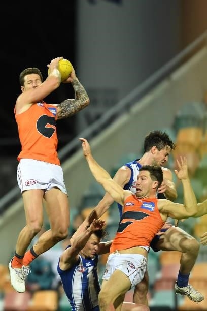 Daniel Lloyd of the Giants takes a mark during the round 13 AFL match between the North Melbourne Kangaroos and the Greater Western Sydney Giants at...