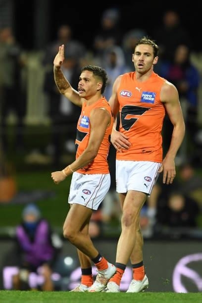 Bobby Hill of the Giants celebrates a goal during the round 13 AFL match between the North Melbourne Kangaroos and the Greater Western Sydney Giants...