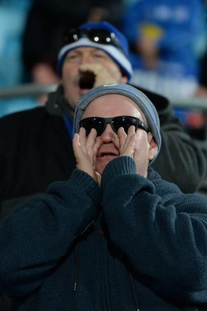 Fans react during the round 13 AFL match between the North Melbourne Kangaroos and the Greater Western Sydney Giants at Blundstone Arena on June 13,...