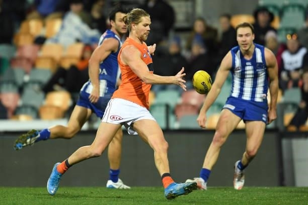 Harry Himmelberg of the Giants kicks a goal during the round 13 AFL match between the North Melbourne Kangaroos and the Greater Western Sydney Giants...