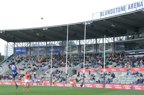 General view during the round 13 AFL match between the North Melbourne Kangaroos and the Greater Western Sydney Giants at Blundstone Arena on June...