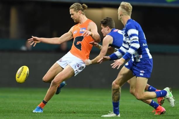 Harry Himmelberg of the Giants kicks the ball during the round 13 AFL match between the North Melbourne Kangaroos and the Greater Western Sydney...